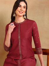 Women Red Silk Blend Embroidered Straight Kurta Pant Set With Dupatta-PKSKD2373